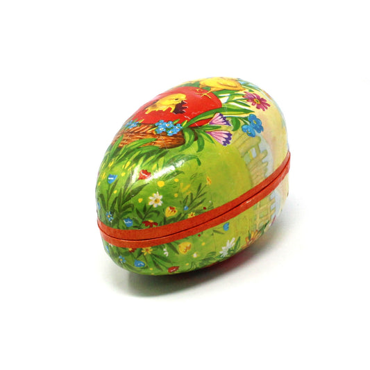 Box, Gift Box / Candy Box, Paper Mache Easter Egg Shaped Treat Box, Yellow Baby Chicks, Fillable, 5" Vintage W. Germany, 1970's