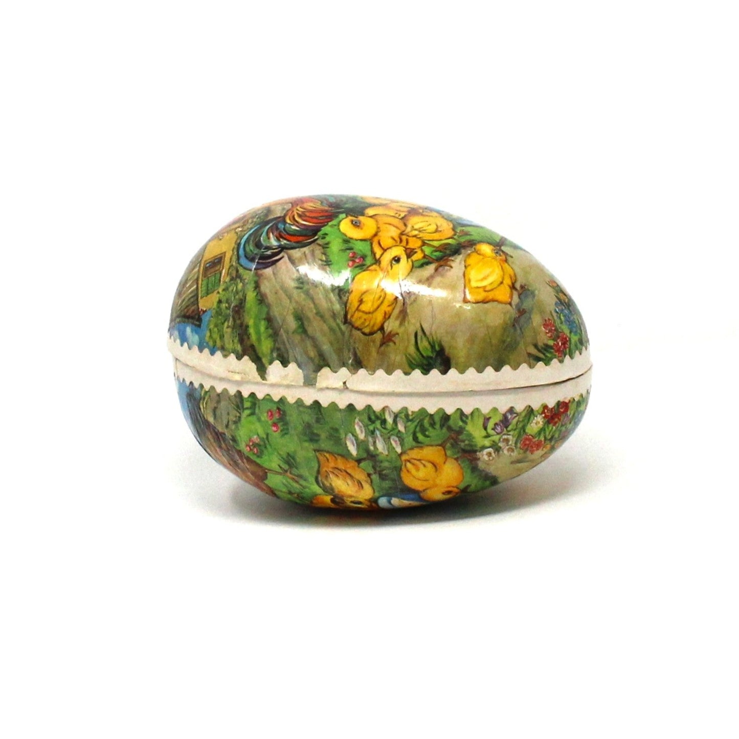 Box, Gift Box / Candy Box, Paper Mache Easter Egg Shaped Treat Box, Chicken Family, Fillable, 7" Vintage, 1950's