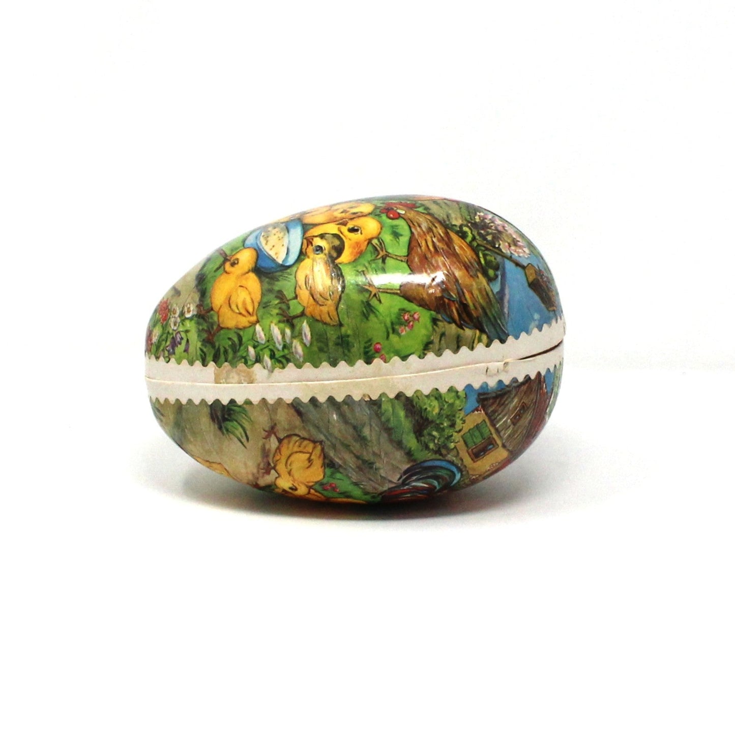 Box, Gift Box / Candy Box, Paper Mache Easter Egg Shaped Treat Box, Chicken Family, Fillable, 7" Vintage, 1950's