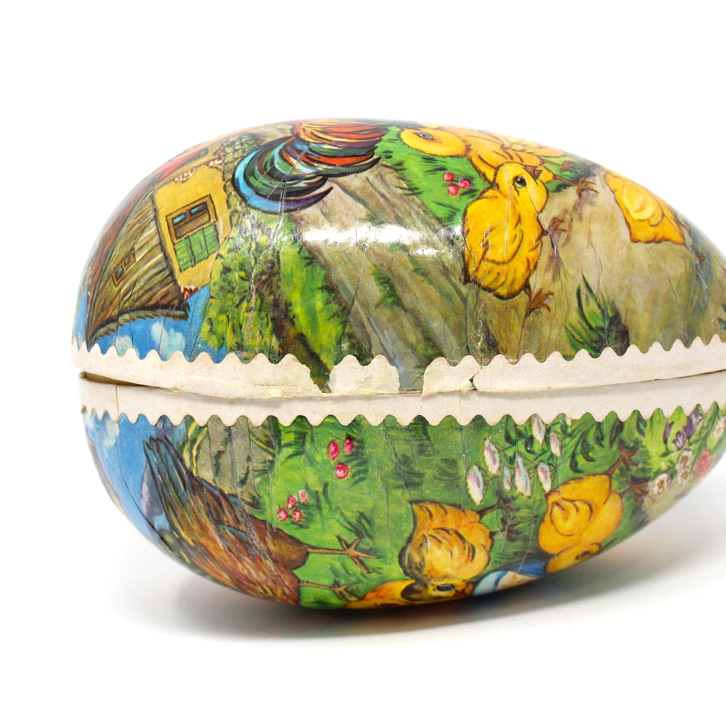 Box, Gift Box / Candy Box, Paper Mache Easter Egg Shaped Treat Box, Chicken Family, Fillable, 7" Vintage, 1950's