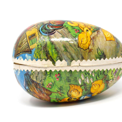 Box, Gift Box / Candy Box, Paper Mache Easter Egg Shaped Treat Box, Chicken Family, Fillable, 7" Vintage, 1950's