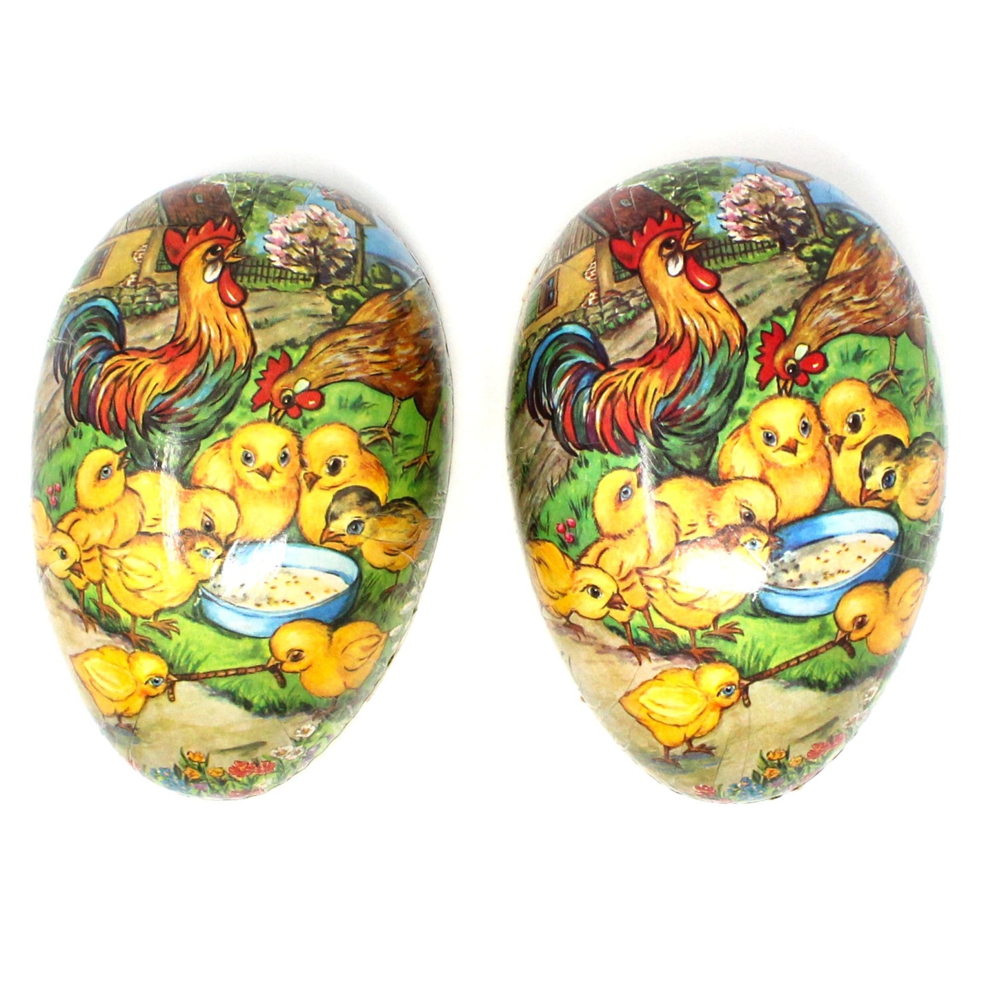 Box, Gift Box / Candy Box, Paper Mache Easter Egg Shaped Treat Box, Chicken Family, Fillable, 7" Vintage, 1950's