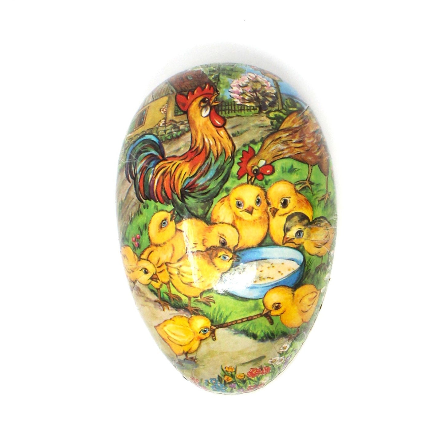 Box, Gift Box / Candy Box, Paper Mache Easter Egg Shaped Treat Box, Chicken Family, Fillable, 7" Vintage, 1950's