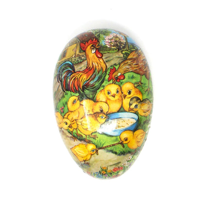 Box, Gift Box / Candy Box, Paper Mache Easter Egg Shaped Treat Box, Chicken Family, Fillable, 7" Vintage, 1950's