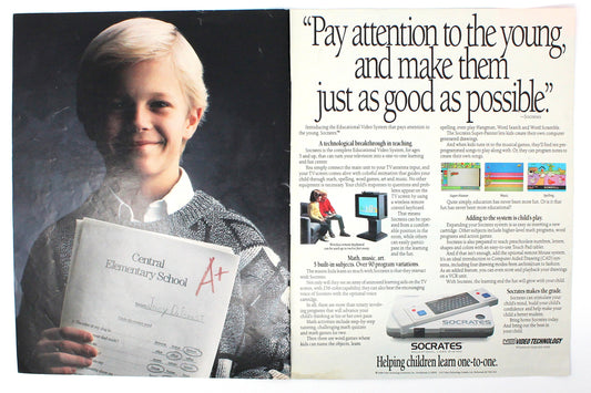 Advertisement, Socrates Vtech Video Technology, 1988, Double Page Original Magazine Ad, Vintage