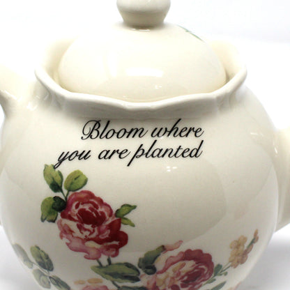 Teapot, Floral, Bloom Where You Are Planted, Martha Vaughn Lily Creek Collection, Pink Roses, 2000's