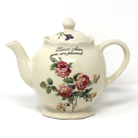 Teapot, Floral, Bloom Where You Are Planted, Martha Vaughn Lily Creek Collection, Pink Roses, 2000's