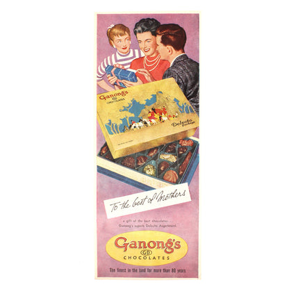 Vintage advertisement for Ganong's Chocolates featuring two children giving a box of chocolates to a woman, with the text 'To the best of Mothers', against a pink background. 1940
