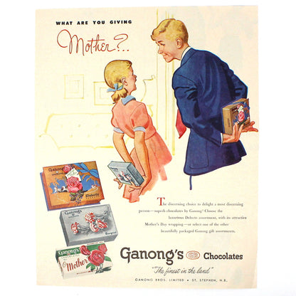 Vintage advertisement for Ganong's Chocolates featuring a Mid Century illustration of two children hiding boxes of chocolates behind their backs with the text 'What are you giving Mother?'.