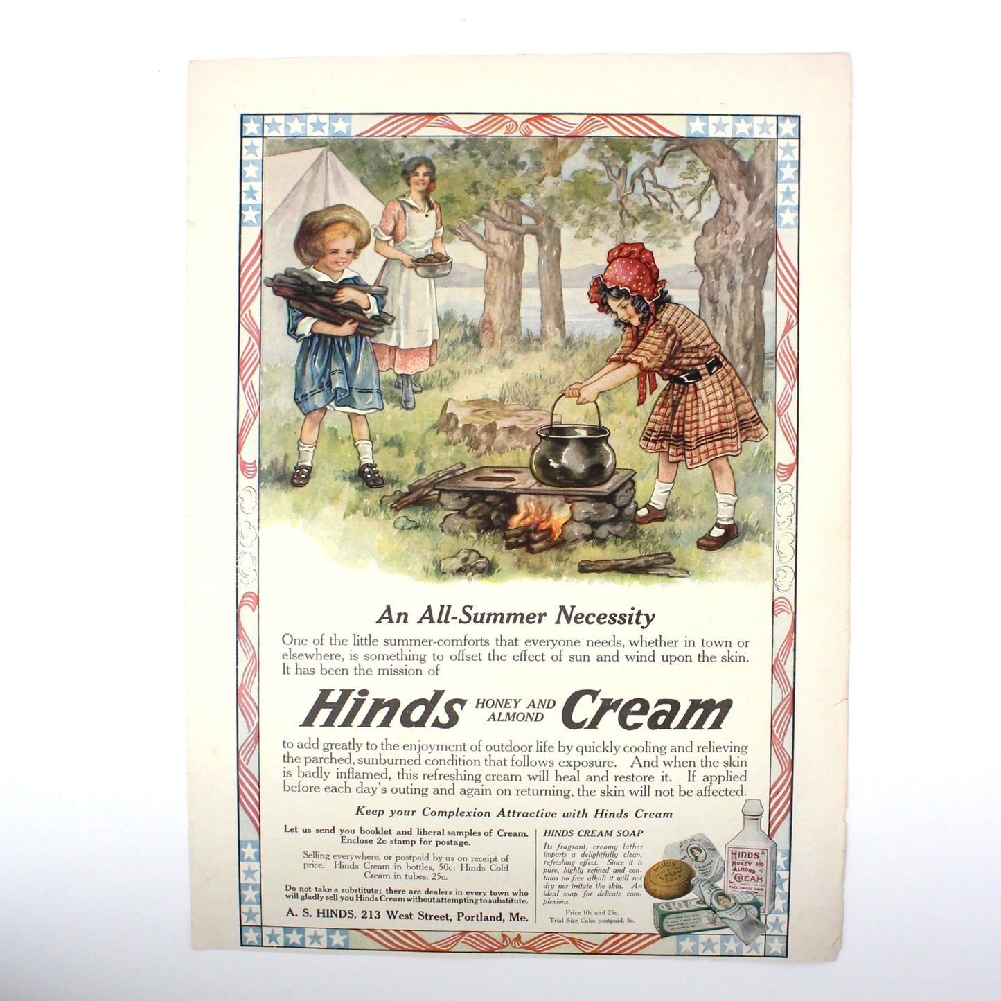 Advertisement, Hinds Honey & Almond Cream, 1916, Original Magazine Ad, ...Summer Necessity, Antique TRIMMED