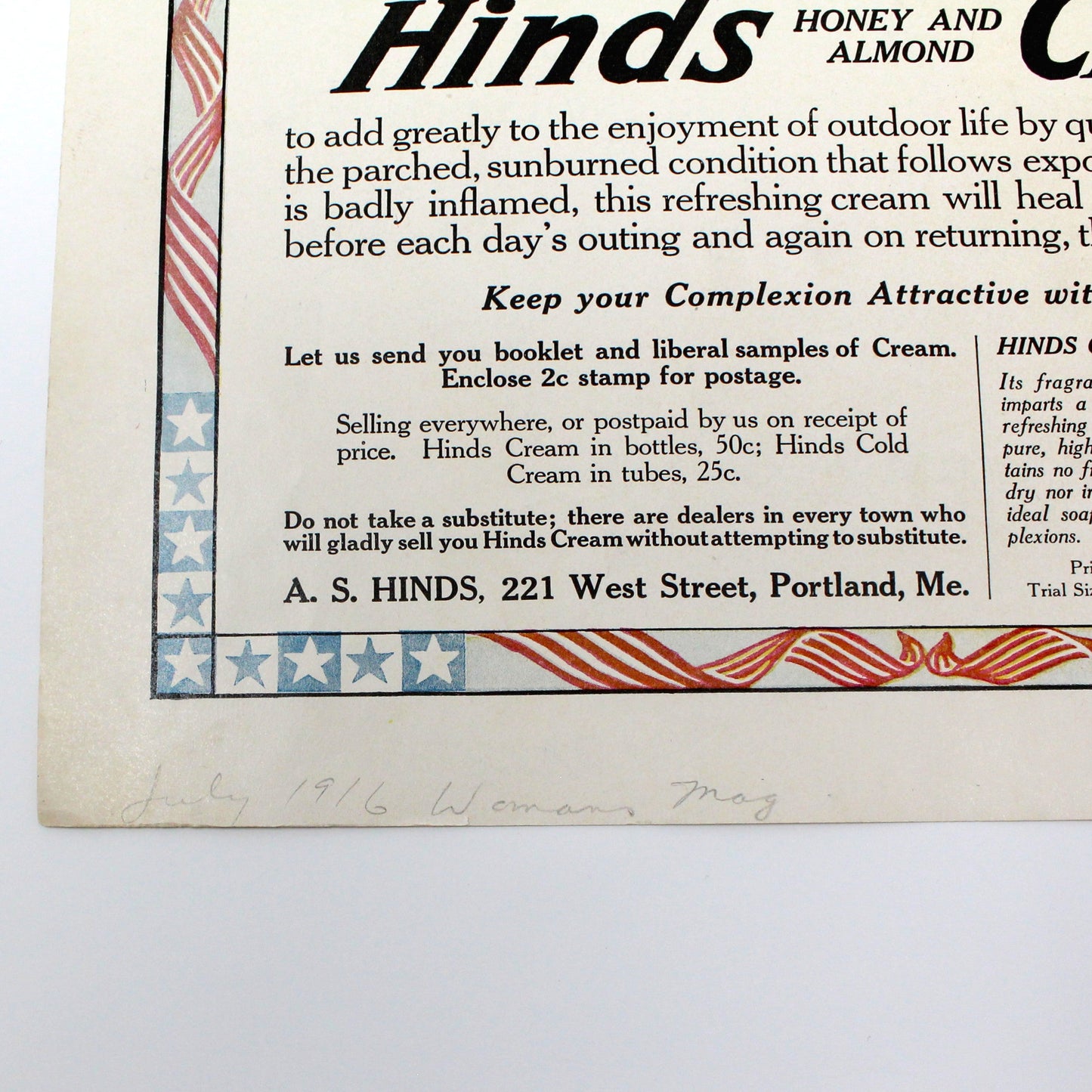 Advertisement, Hinds Honey & Almond Cream, 1916, Original Magazine Ad, An All Summer Necessity, Antique