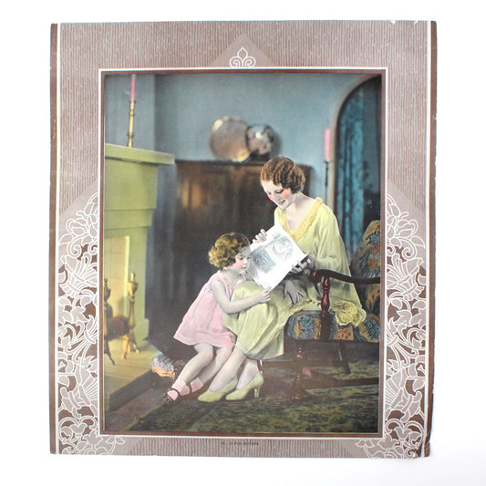Print, Hand Colored 1920's Photo Image, Titled "M is for Mother", Mother and Daughter Reading, Antique, 16"