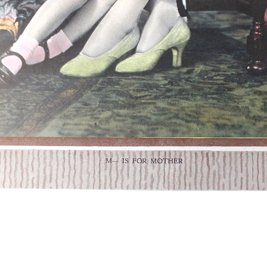 Print, Hand Colored 1920's Photo Image, Titled "M is for Mother", Mother and Daughter Reading, Antique, 16"