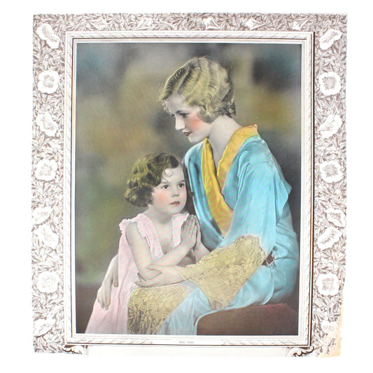 Print, Hand Colored 1920's Photo Image, Titled "Bed Time", Mother and Daughter Praying, Antique, 15"