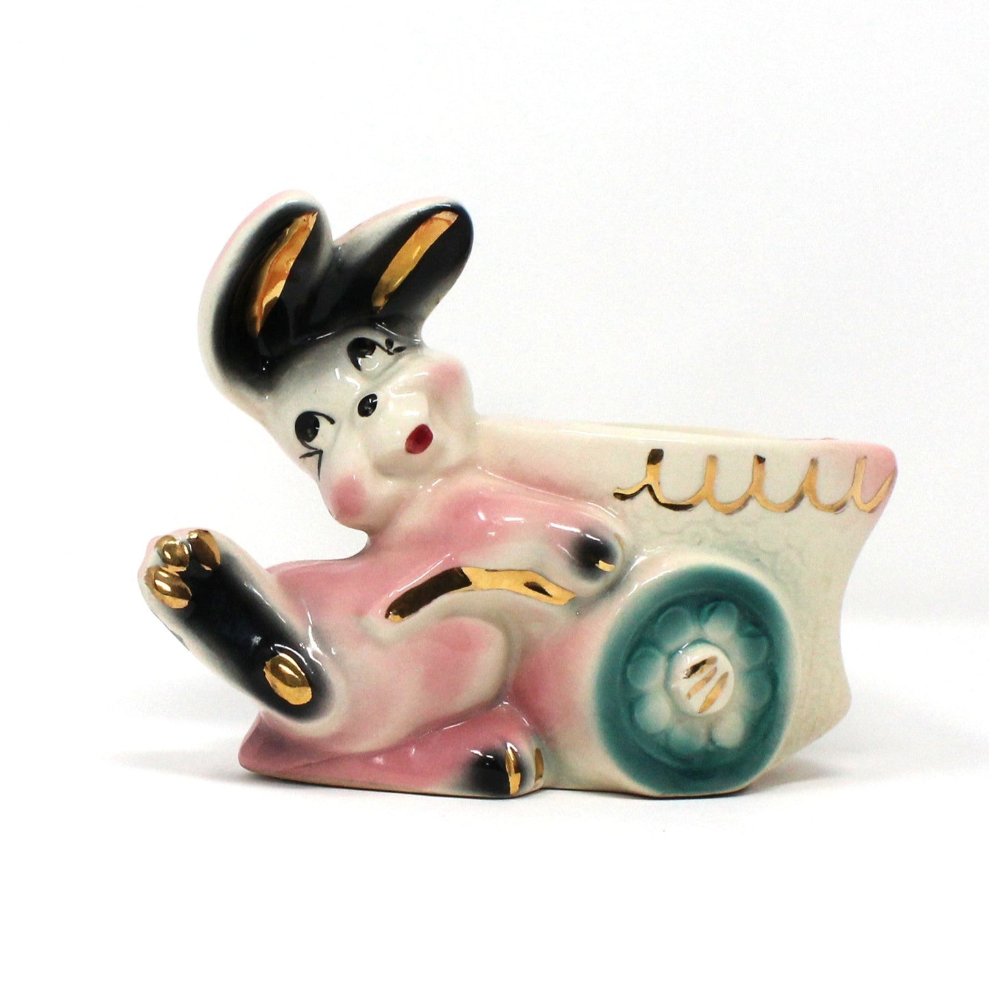Planter, Bunny Rabbit Pushing Cart, Pink w/ Gold Accents, Anthropomorphic, Ceramic, Vintage