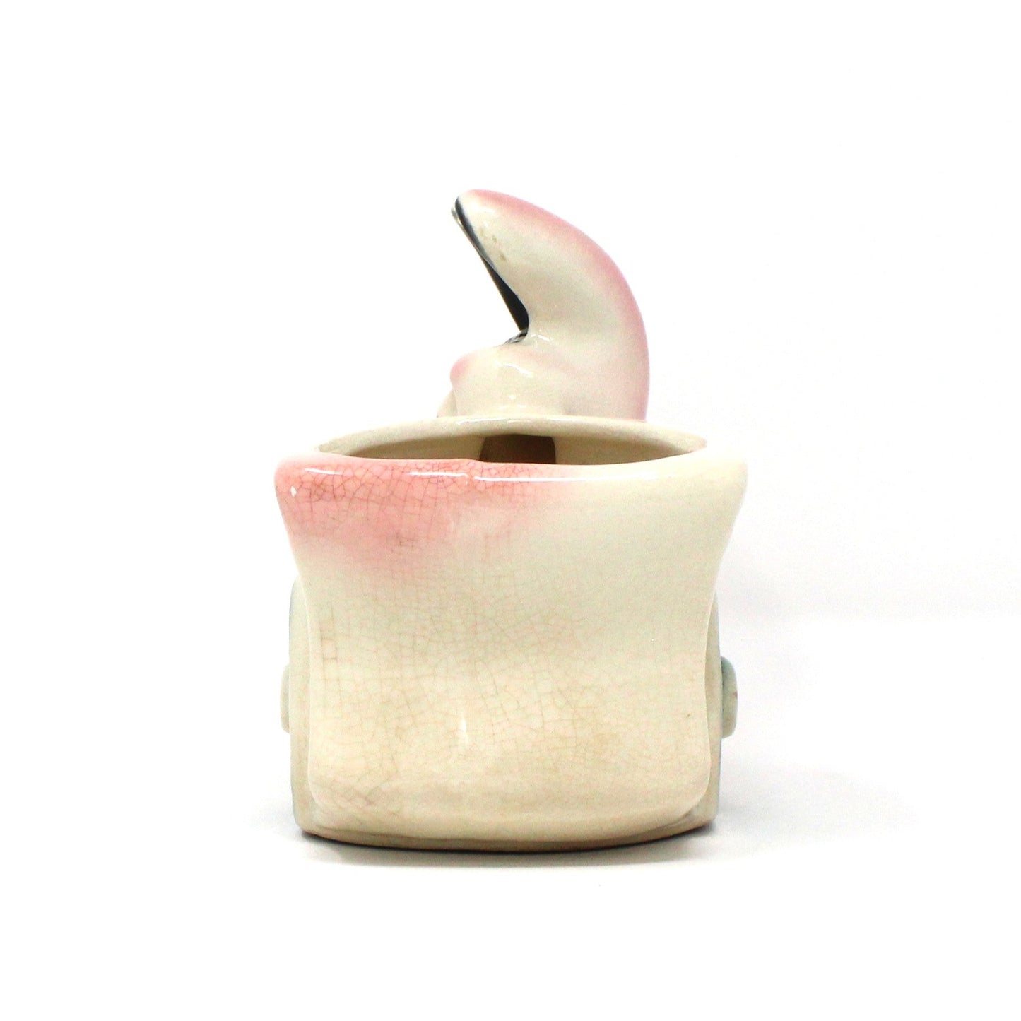 Planter, Bunny Rabbit Pushing Cart, Pink w/ Gold Accents, Anthropomorphic, Ceramic, Vintage