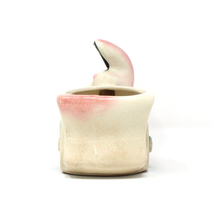 Planter, Bunny Rabbit Pushing Cart, Pink w/ Gold Accents, Anthropomorphic, Ceramic, Vintage