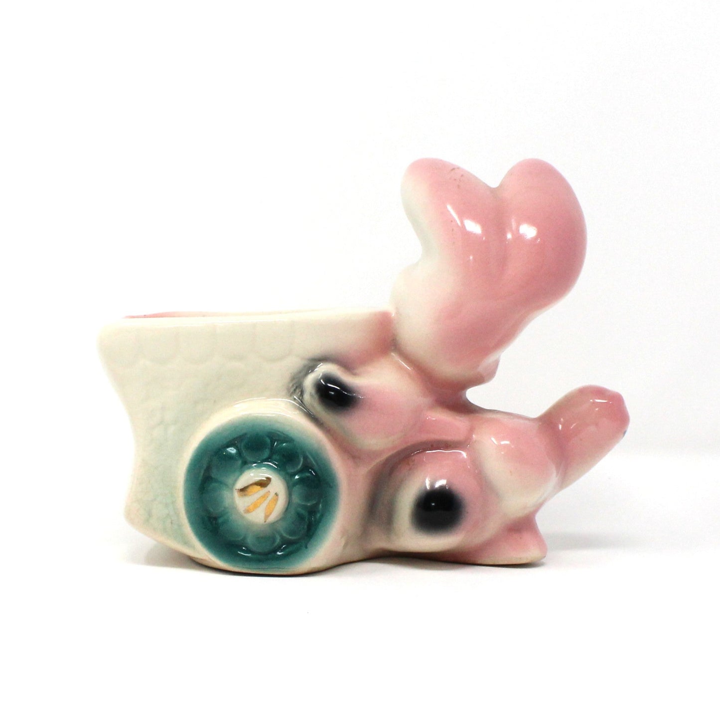 Planter, Bunny Rabbit Pushing Cart, Pink w/ Gold Accents, Anthropomorphic, Ceramic, Vintage