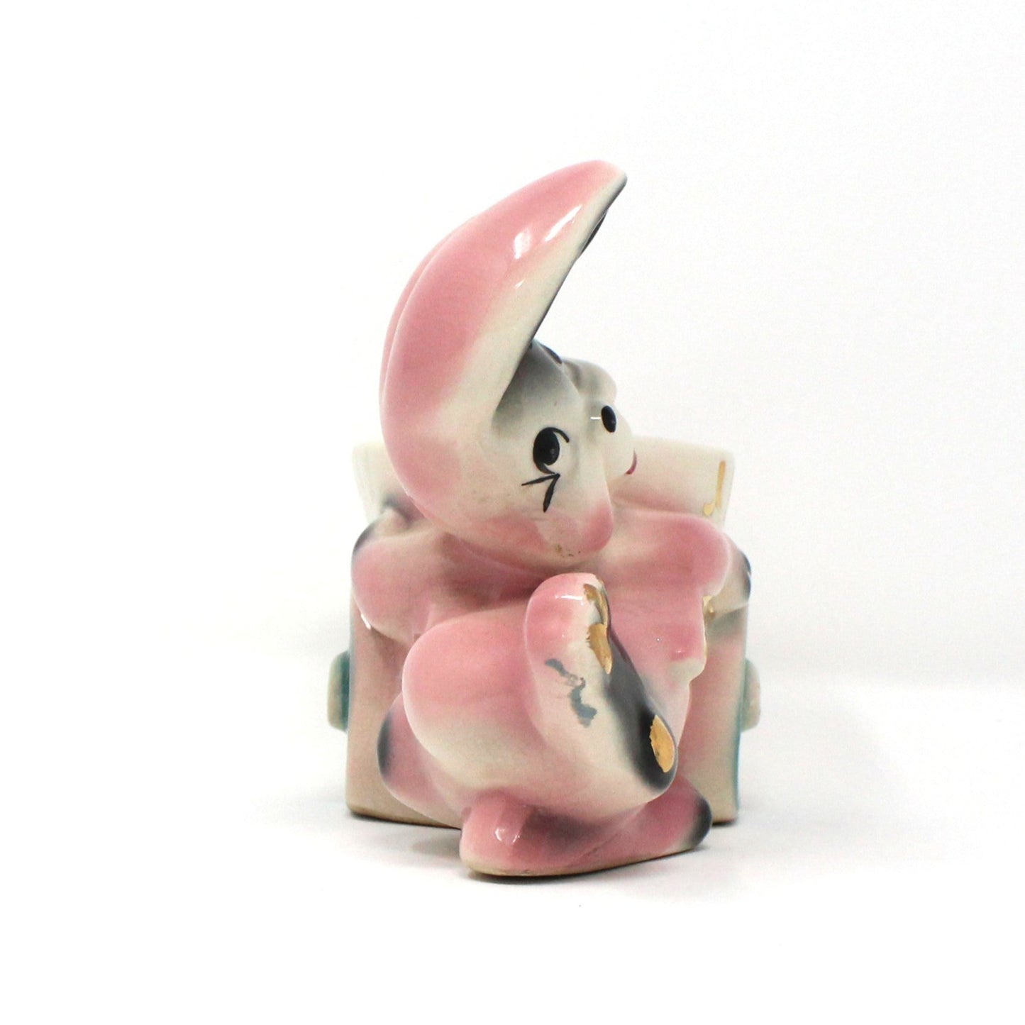 Planter, Bunny Rabbit Pushing Cart, Pink w/ Gold Accents, Anthropomorphic, Ceramic, Vintage