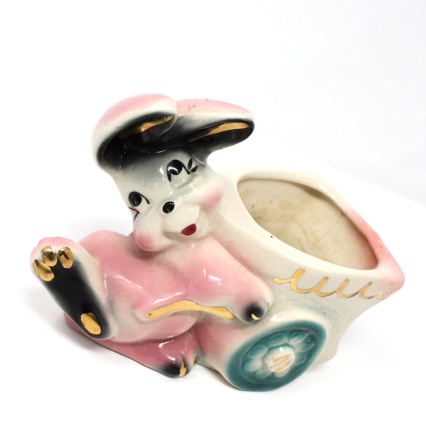 Planter, Bunny Rabbit Pushing Cart, Pink w/ Gold Accents, Anthropomorphic, Ceramic, Vintage