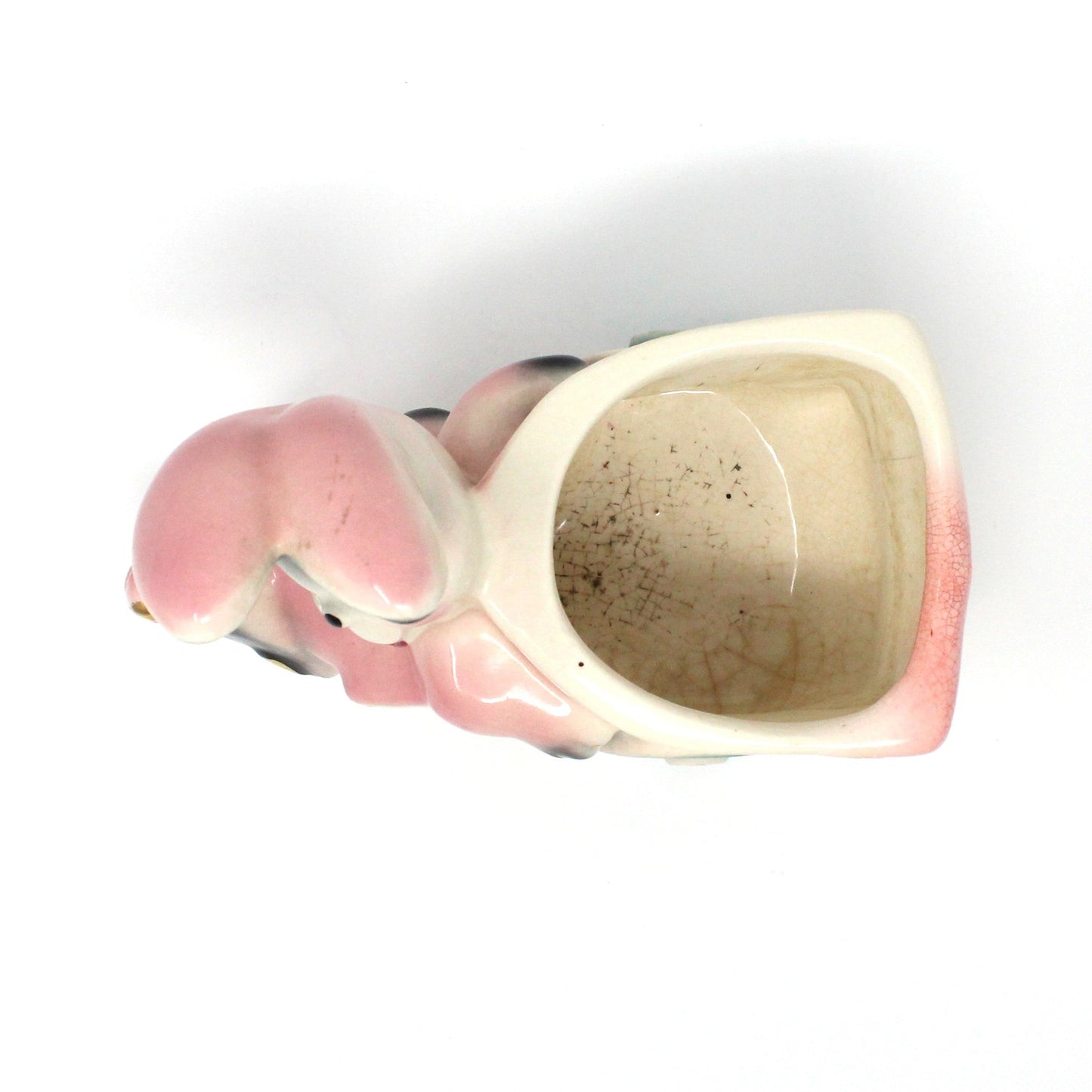 Planter, Bunny Rabbit Pushing Cart, Pink w/ Gold Accents, Anthropomorphic, Ceramic, Vintage