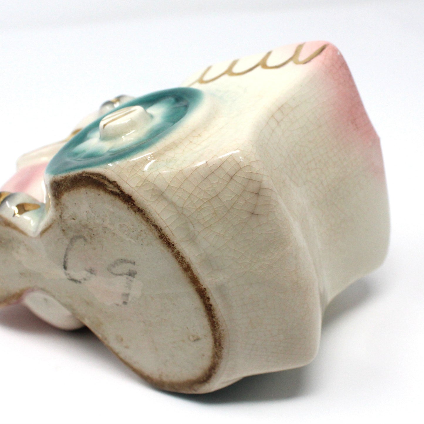 Planter, Bunny Rabbit Pushing Cart, Pink w/ Gold Accents, Anthropomorphic, Ceramic, Vintage