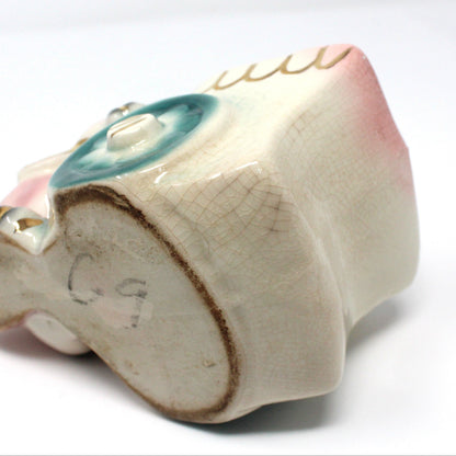 Planter, Bunny Rabbit Pushing Cart, Pink w/ Gold Accents, Anthropomorphic, Ceramic, Vintage