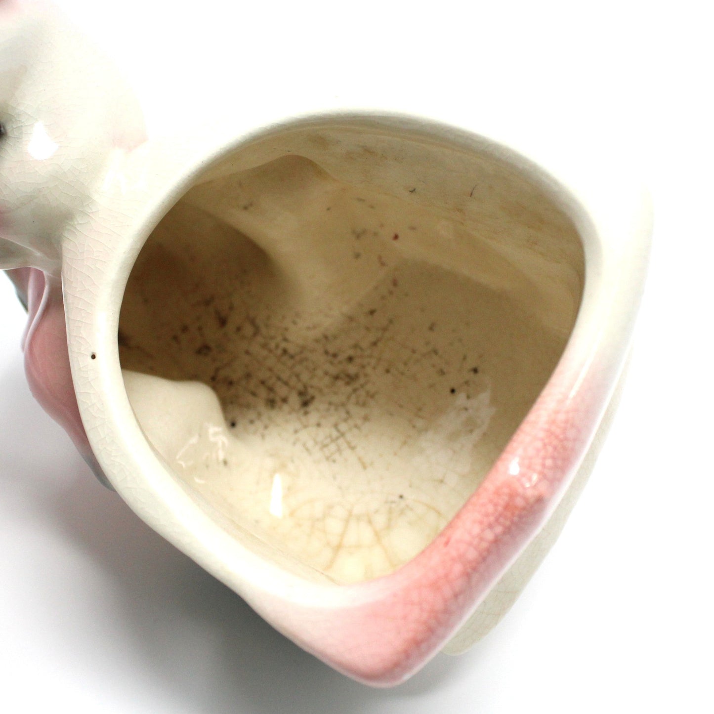 Planter, Bunny Rabbit Pushing Cart, Pink w/ Gold Accents, Anthropomorphic, Ceramic, Vintage
