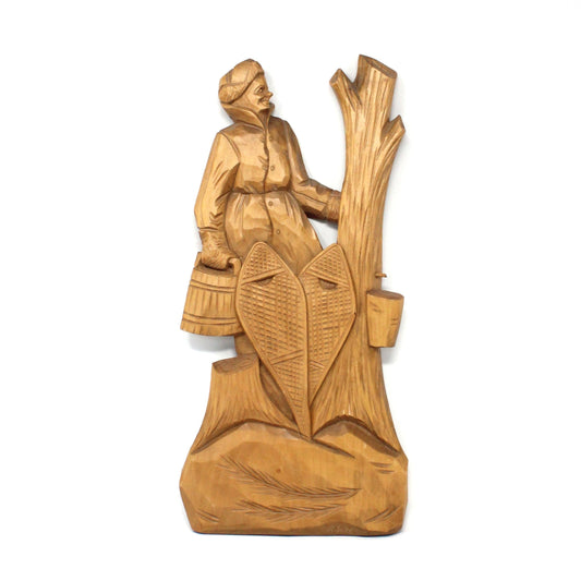 Wood Carving, Folk Art, Hand Carved Wooden Wall Plaque, Man with Snowshoes, Artist Signed, R. Jean, Vintage