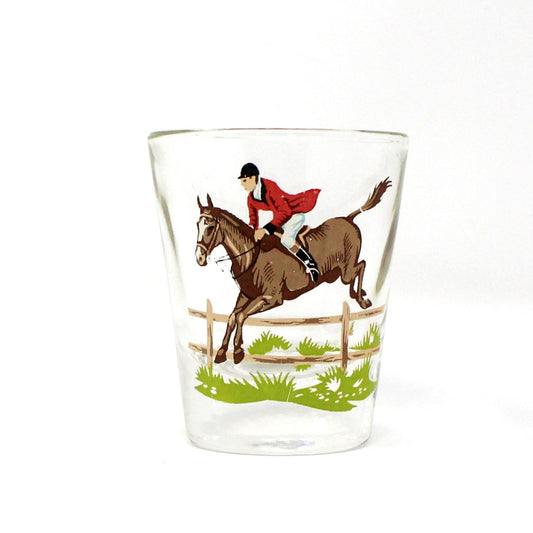 Shot Glass, Fox Hunting / Equestrian Horse Show Jumping, Red Coat Rider on Horse, Hand Painted Blown Glass, Barware