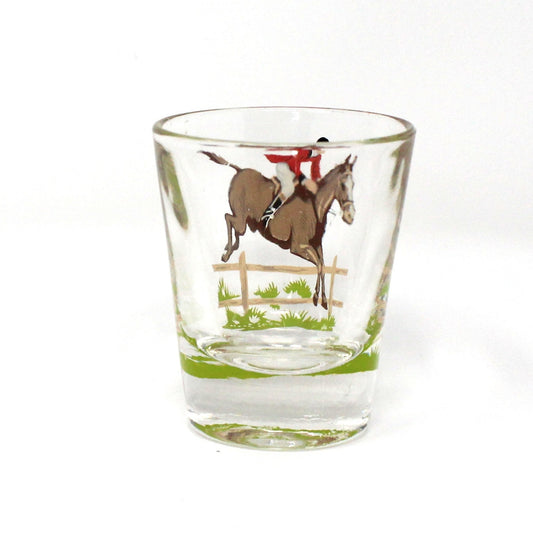 Shot Glass, Fox Hunting / Equestrian Horse Show Jumping, Red Coat Rider on Horse, Hand Painted Blown Glass, Barware