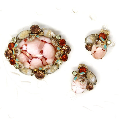 Brooch / Pin and Earrings Set, Pink Marbled Cabochon, Prong Set Rhinestones and Enamel Flowers, Demi Parure, Vintage