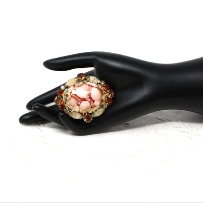 Brooch / Pin and Earrings Set, Pink Marbled Cabochon, Prong Set Rhinestones and Enamel Flowers, Demi Parure, Vintage