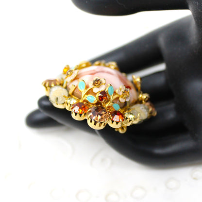 Brooch / Pin and Earrings Set, Pink Marbled Cabochon, Prong Set Rhinestones and Enamel Flowers, Demi Parure, Vintage