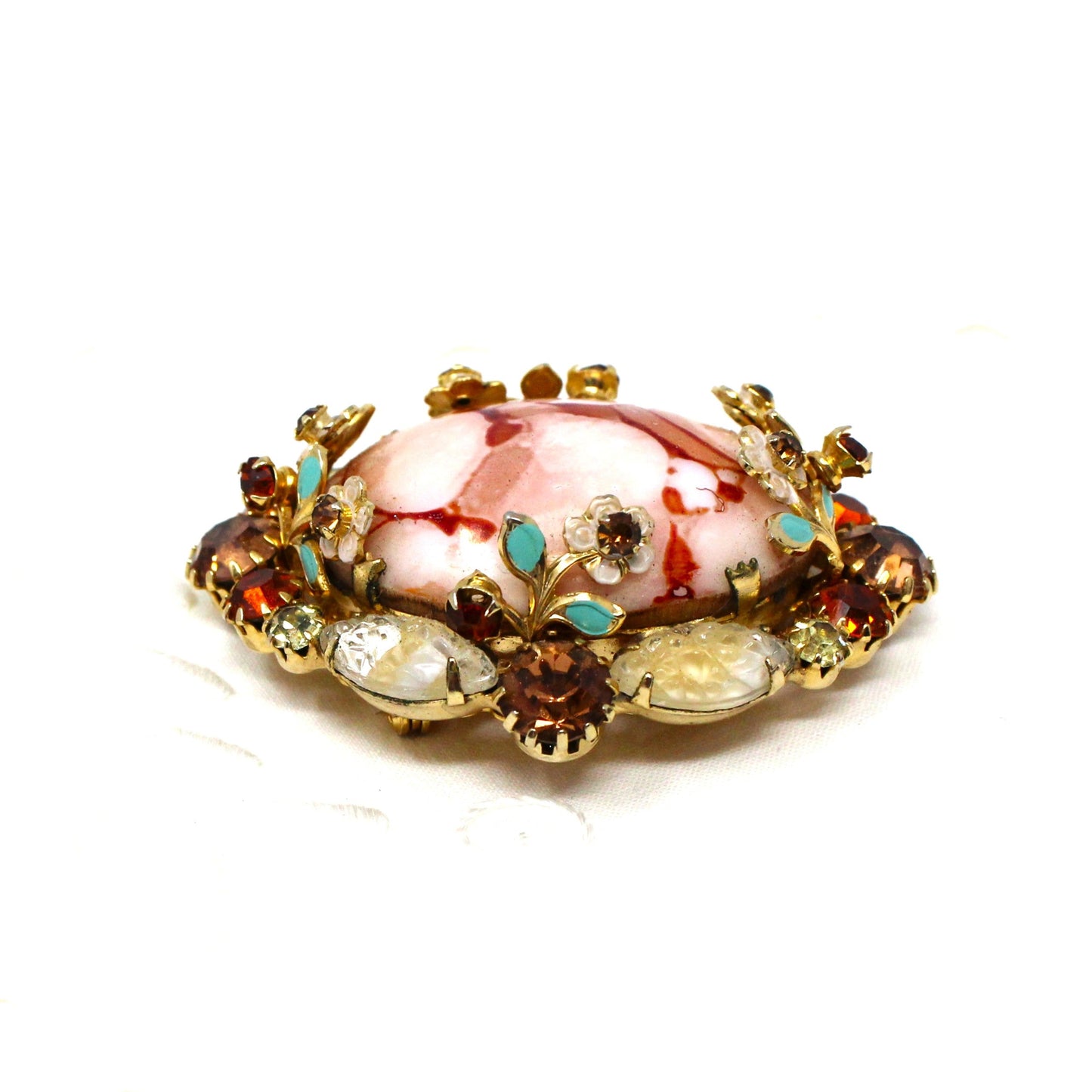 Brooch / Pin and Earrings Set, Pink Marbled Cabochon, Prong Set Rhinestones and Enamel Flowers, Demi Parure, Vintage