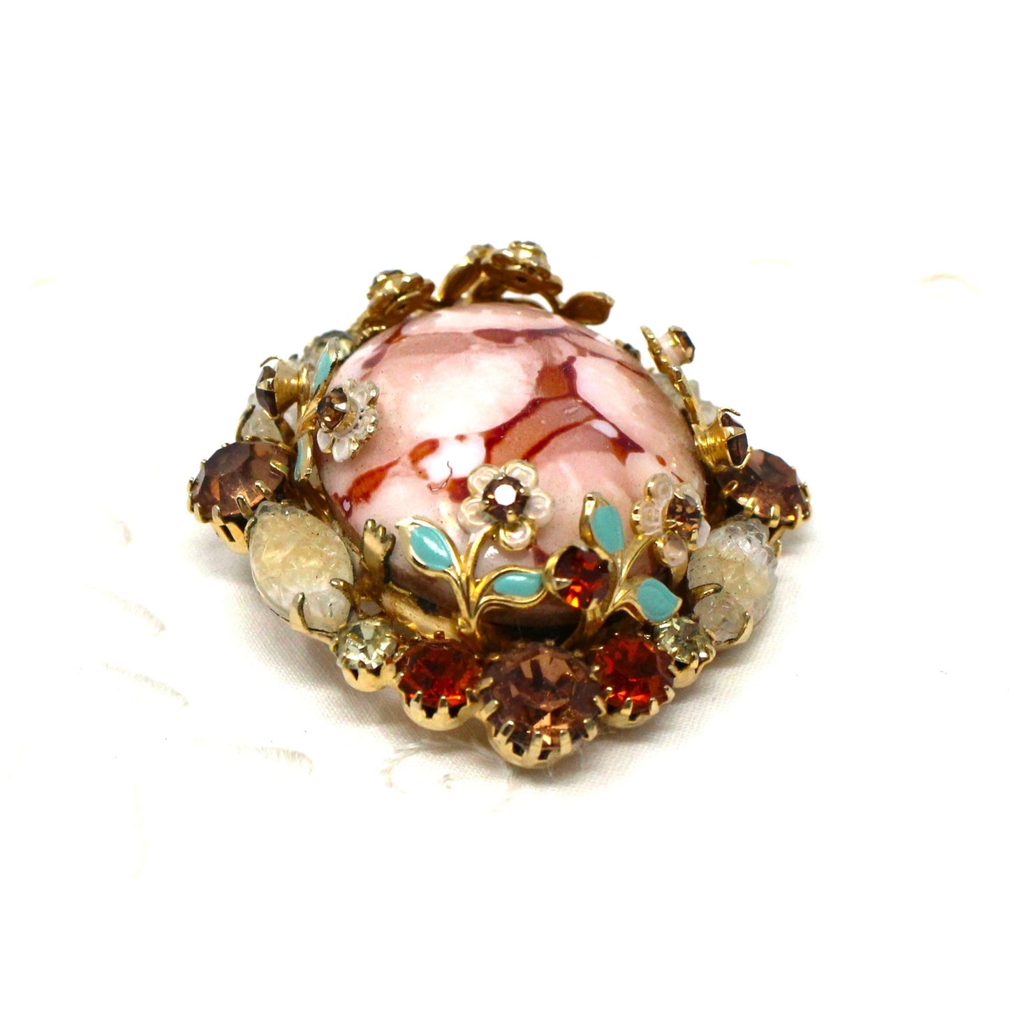 Brooch / Pin and Earrings Set, Pink Marbled Cabochon, Prong Set Rhinestones and Enamel Flowers, Demi Parure, Vintage