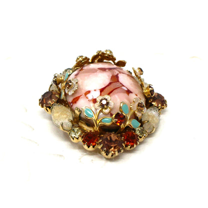 Brooch / Pin and Earrings Set, Pink Marbled Cabochon, Prong Set Rhinestones and Enamel Flowers, Demi Parure, Vintage