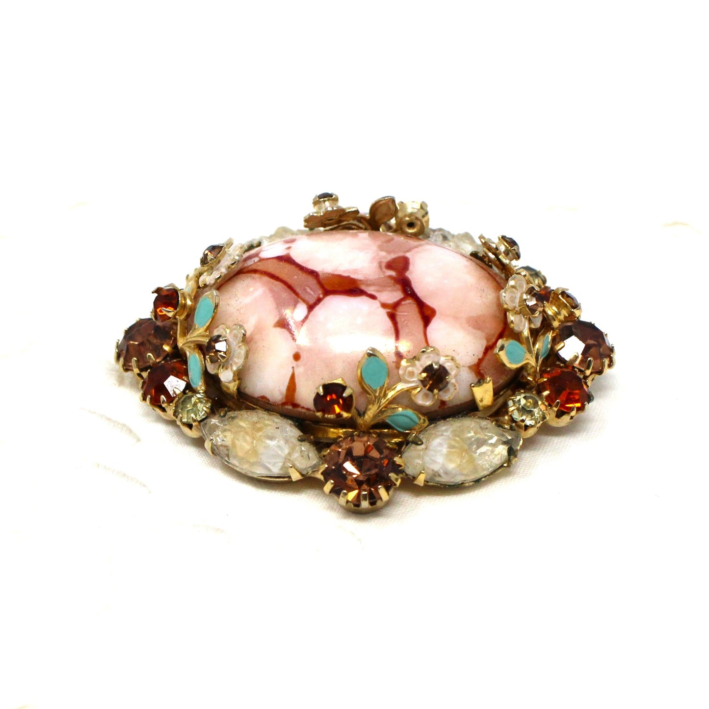 Brooch / Pin and Earrings Set, Pink Marbled Cabochon, Prong Set Rhinestones and Enamel Flowers, Demi Parure, Vintage