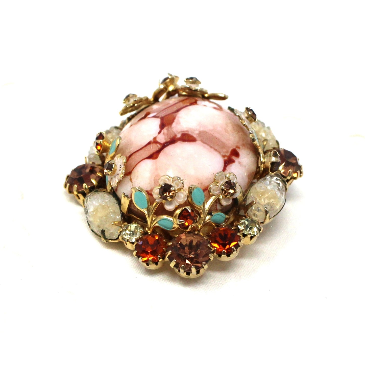 Brooch / Pin and Earrings Set, Pink Marbled Cabochon, Prong Set Rhinestones and Enamel Flowers, Demi Parure, Vintage