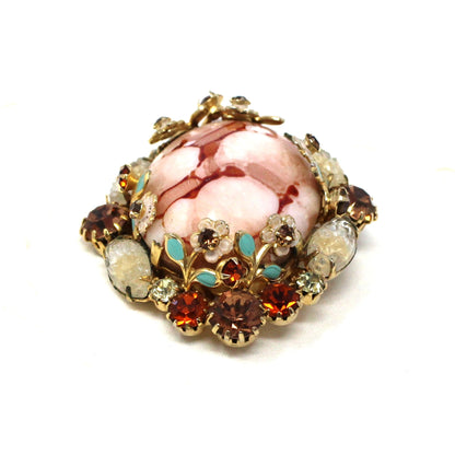 Brooch / Pin and Earrings Set, Pink Marbled Cabochon, Prong Set Rhinestones and Enamel Flowers, Demi Parure, Vintage
