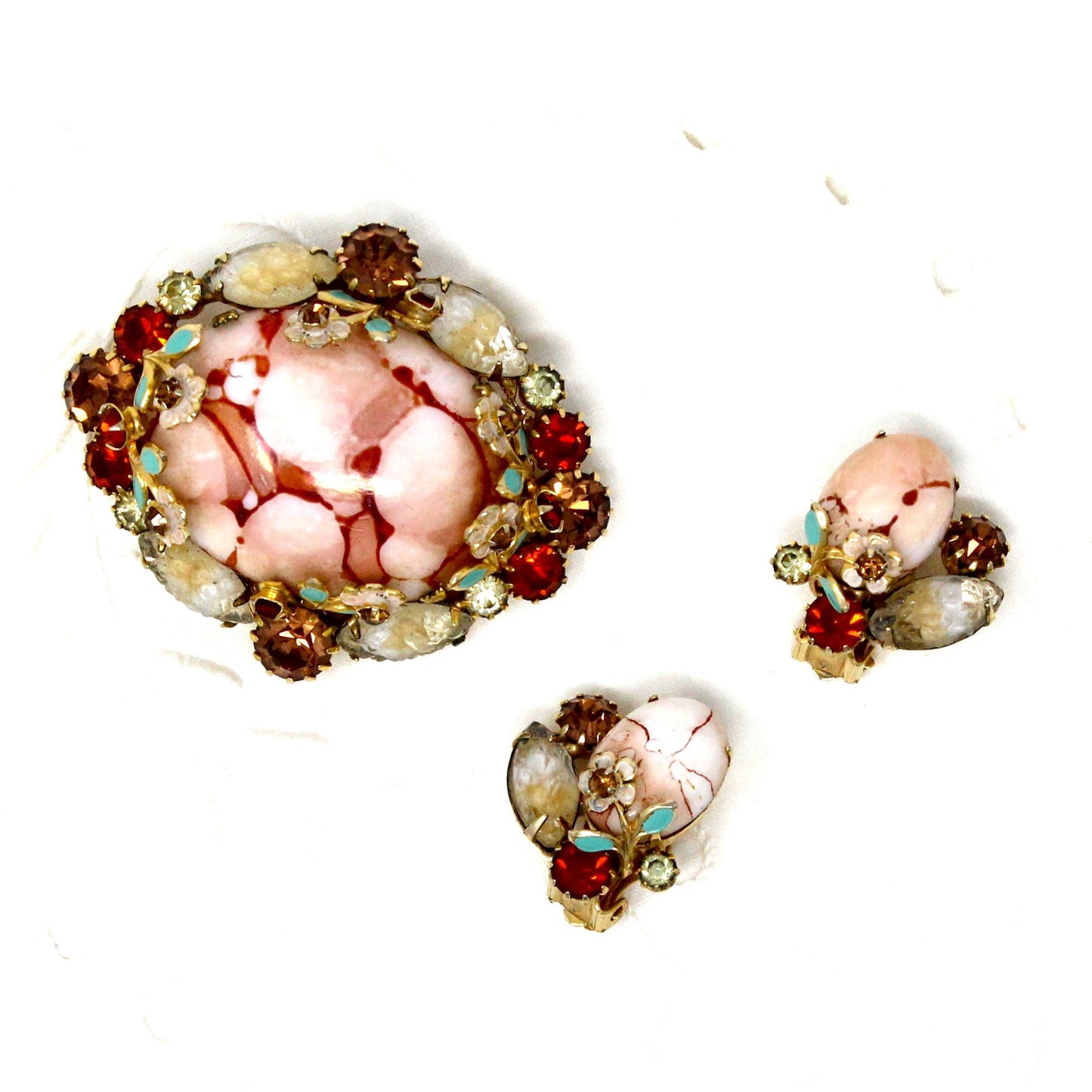 Brooch / Pin and Earrings Set, Pink Marbled Cabochon, Prong Set Rhinestones and Enamel Flowers, Demi Parure, Vintage
