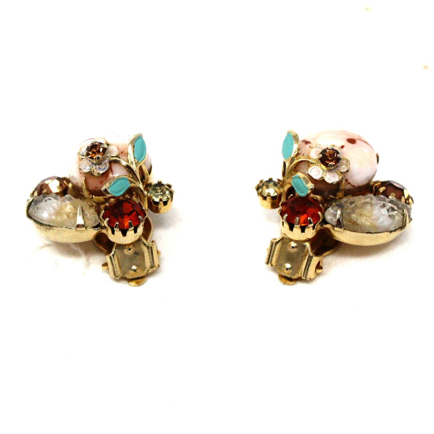Brooch / Pin and Earrings Set, Pink Marbled Cabochon, Prong Set Rhinestones and Enamel Flowers, Demi Parure, Vintage