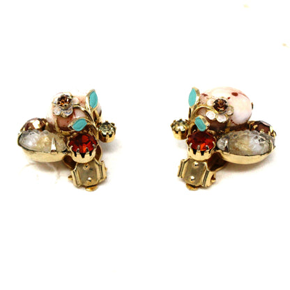 Brooch / Pin and Earrings Set, Pink Marbled Cabochon, Prong Set Rhinestones and Enamel Flowers, Demi Parure, Vintage
