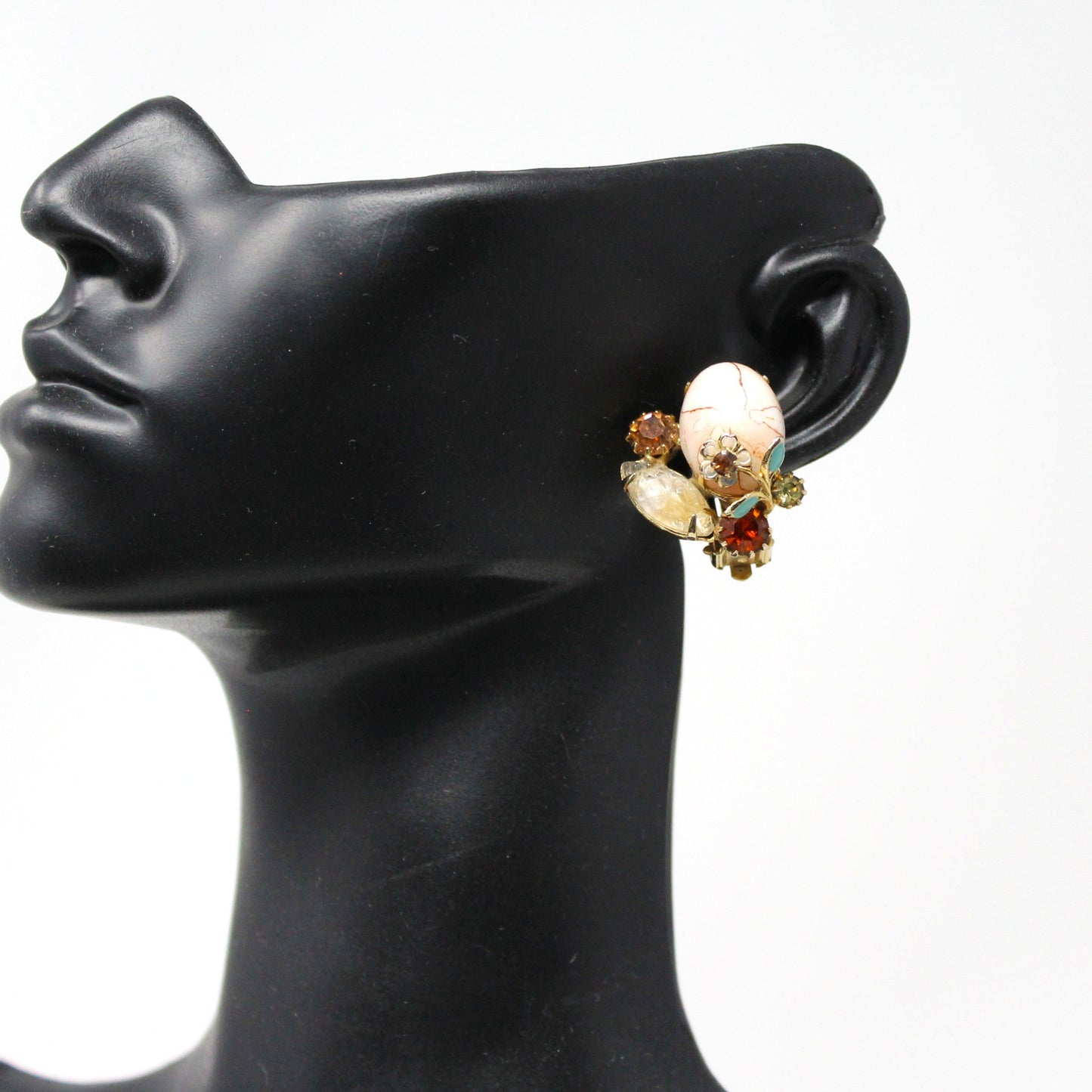 Brooch / Pin and Earrings Set, Pink Marbled Cabochon, Prong Set Rhinestones and Enamel Flowers, Demi Parure, Vintage