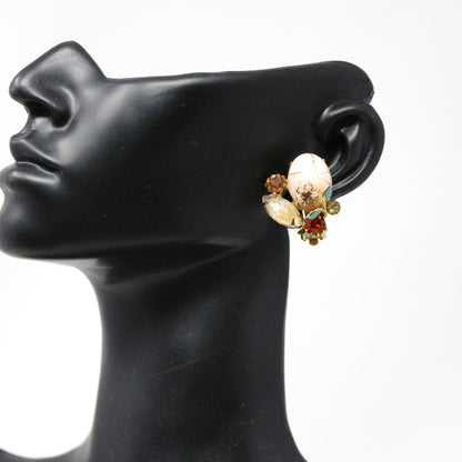 Brooch / Pin and Earrings Set, Pink Marbled Cabochon, Prong Set Rhinestones and Enamel Flowers, Demi Parure, Vintage