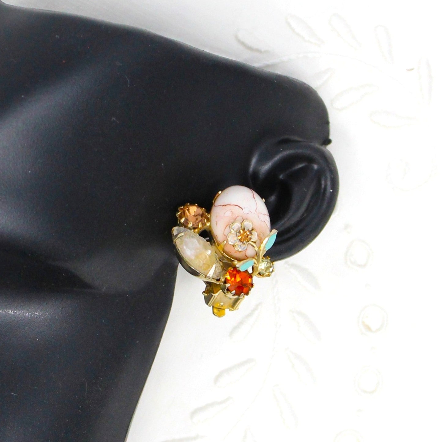 Brooch / Pin and Earrings Set, Pink Marbled Cabochon, Prong Set Rhinestones and Enamel Flowers, Demi Parure, Vintage