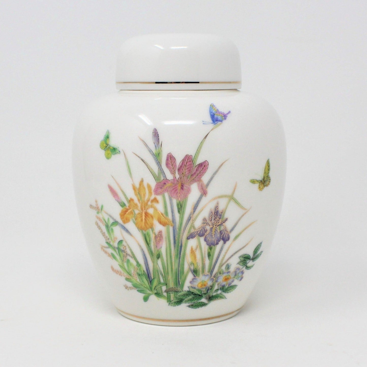 Ginger Jar, Irises and Butterflies, Porcelain, Vintage Japan