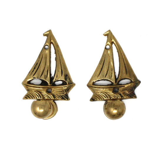 Hooks, Wall Hooks, Brass Sailboats, Set of 2, Ball End Hooks, Vintage