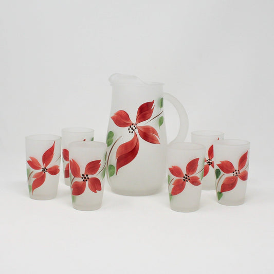 Pitcher & Glasses, Gay Fad, Hand Painted Red Flowers, Set of 7, Vintage