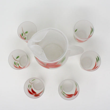 Pitcher & Glasses, Gay Fad, Hand Painted Red Flowers, Set of 7, Vintage